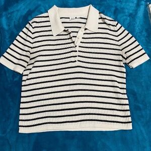 GAP Ribbed Cropped Collared Knit Top – Black & Ivory Striped Women’s small